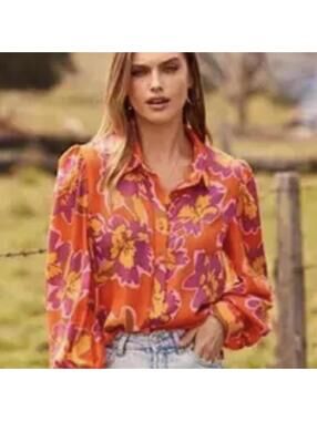RNWY sheer floral button down top